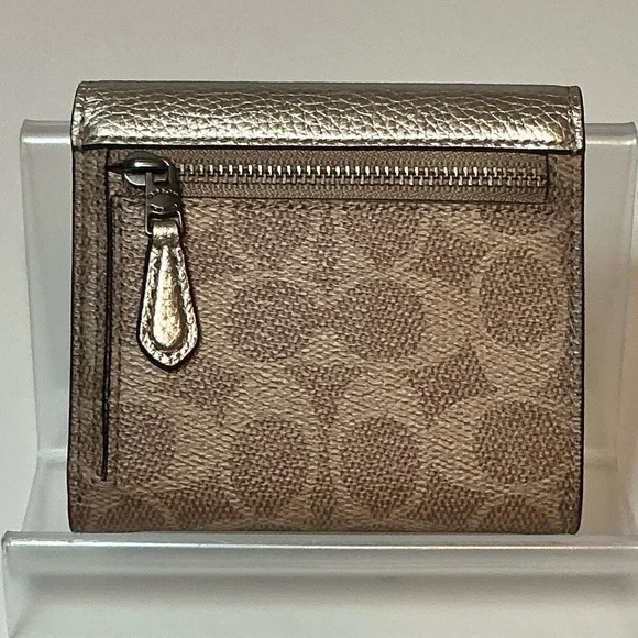 Coach Rare Floral Appliqué Studded Flap Trifold Wallet Gold & Brown NWOT - Picture 3 of 14